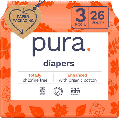 Pura Size 3 Eco-Friendly Diapers (9-20 lbs) Totally Chlorine Free (TCF) Hypoallergenic, Soft