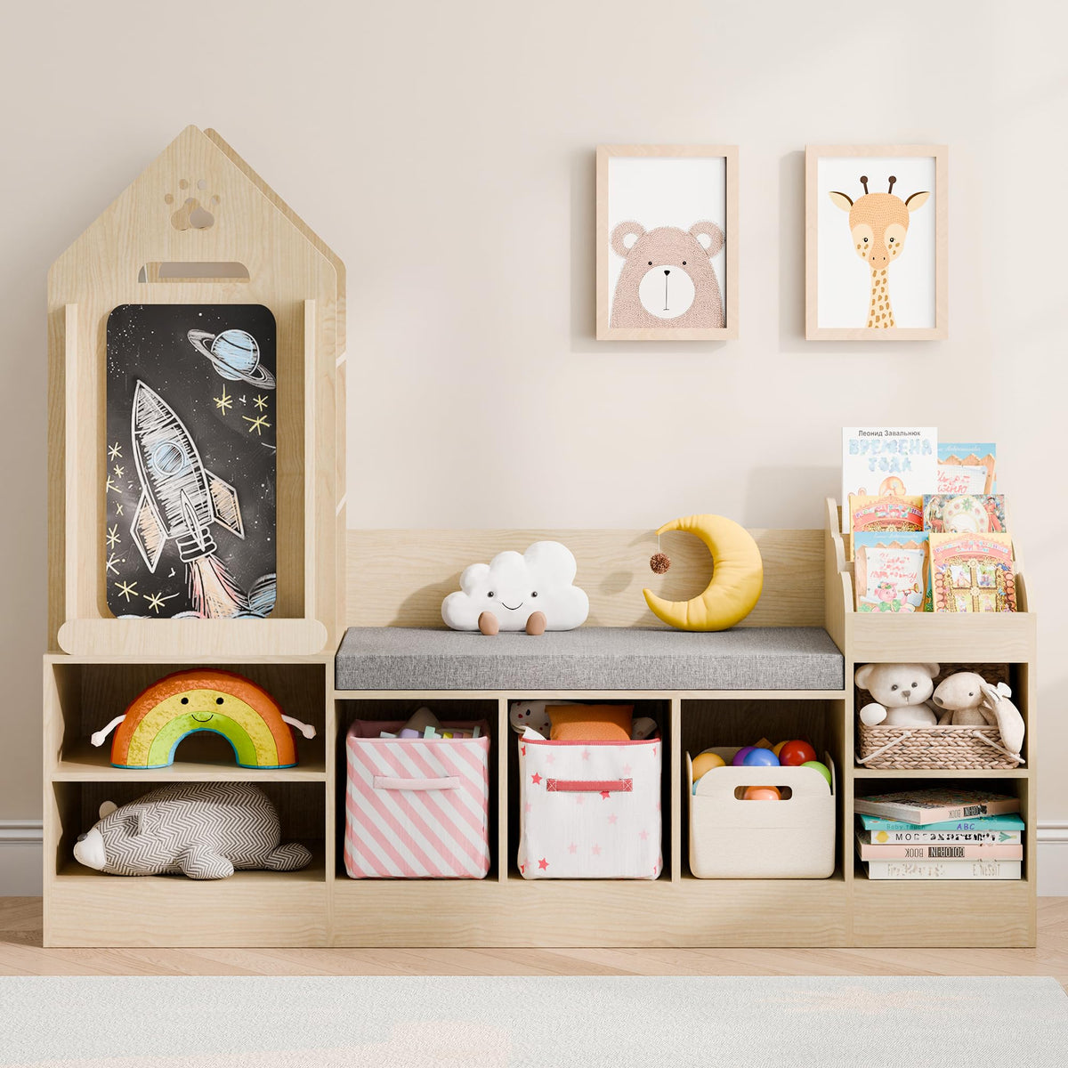 MU Kids Bookshelf with Reading Nook, Wooden Toy Storage Organizer with Chalkboard and Bench, Kids