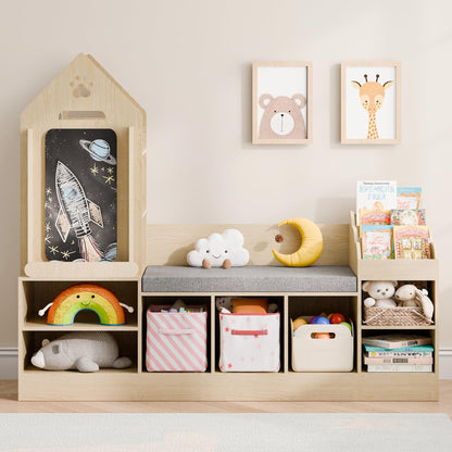 MU Kids Bookshelf with Reading Nook, Wooden Toy Storage Organizer with Chalkboard and Bench, Kids