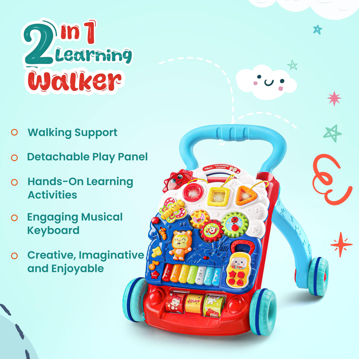 Baby Push Walker, 3-in-1 Baby Walker, Blue - YOLAY