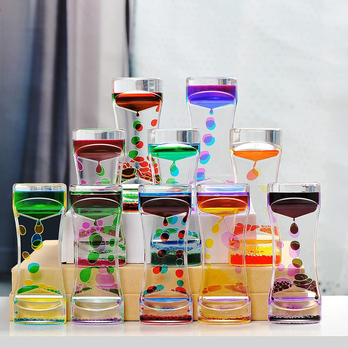 Liquid Motion Bubbler Timer Set of 9 Great Desktop Liquid Timer for Fidget Toy, Rainbow Water Timer