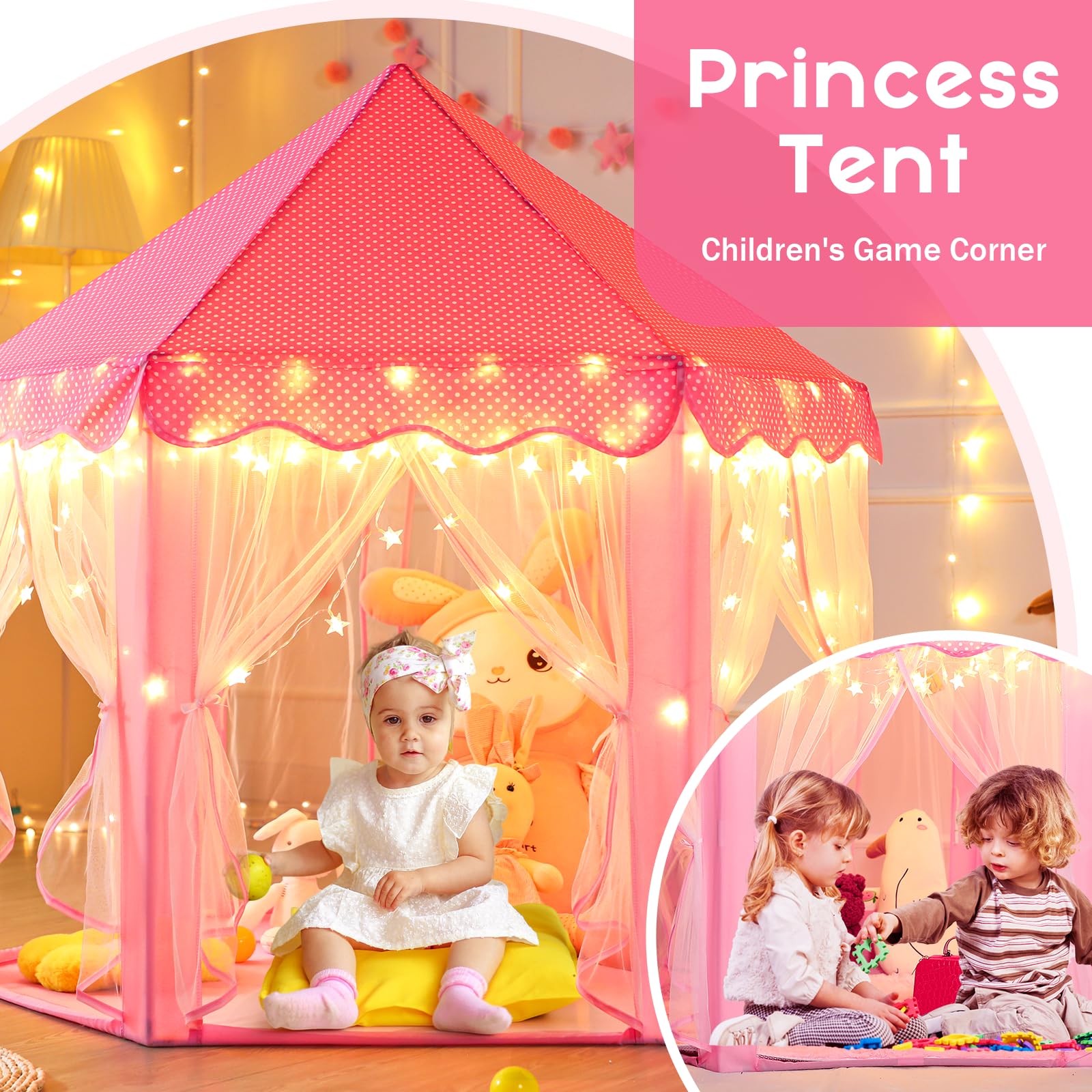 Monobeach Princess Tent Girls Large Playhouse Kids Castle Play Tent with Star Lights Toy for