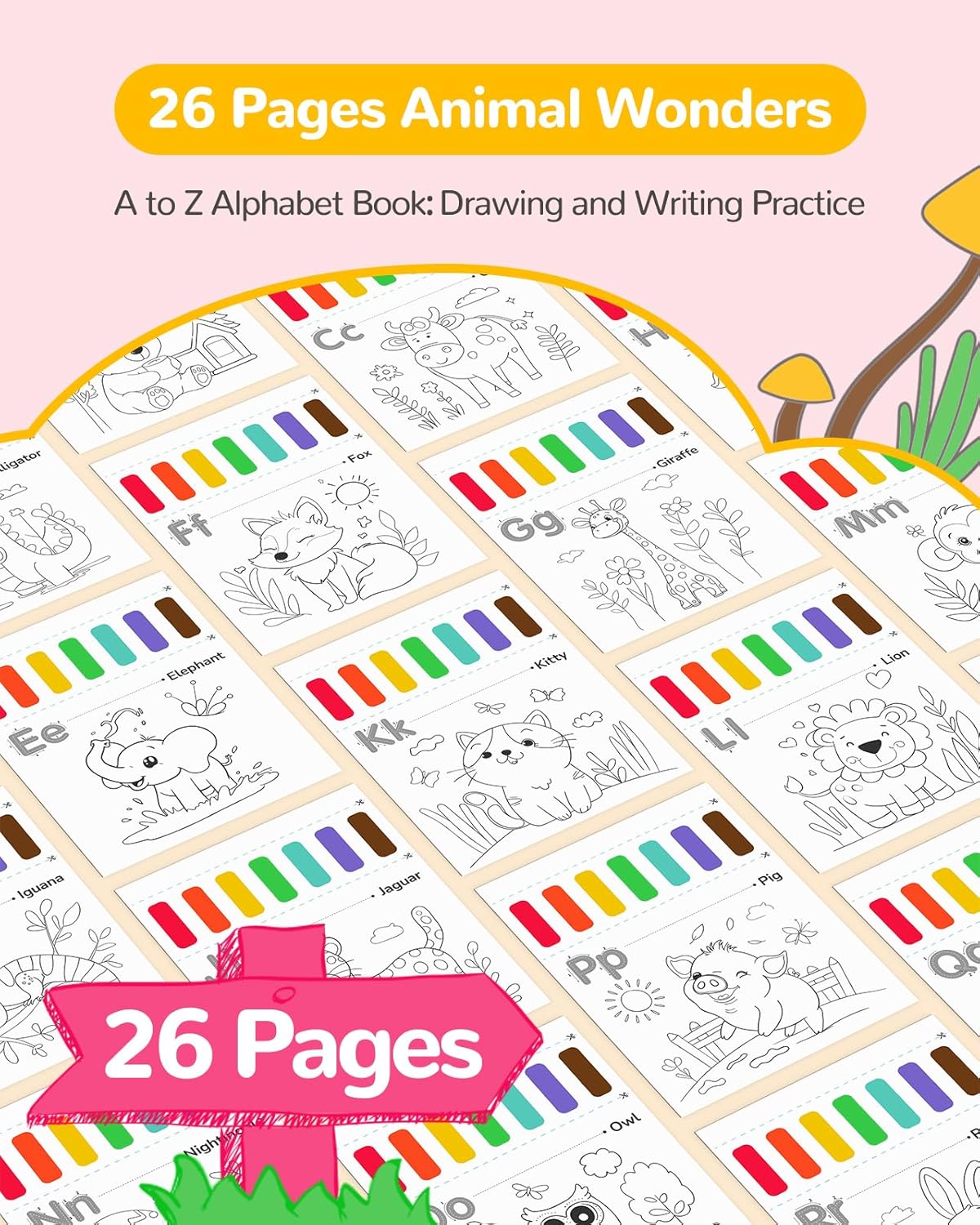 TECJOE Paint with Water Coloring Books for Toddlers, A to Z 26 Pages Animal Watercolor Paint Set