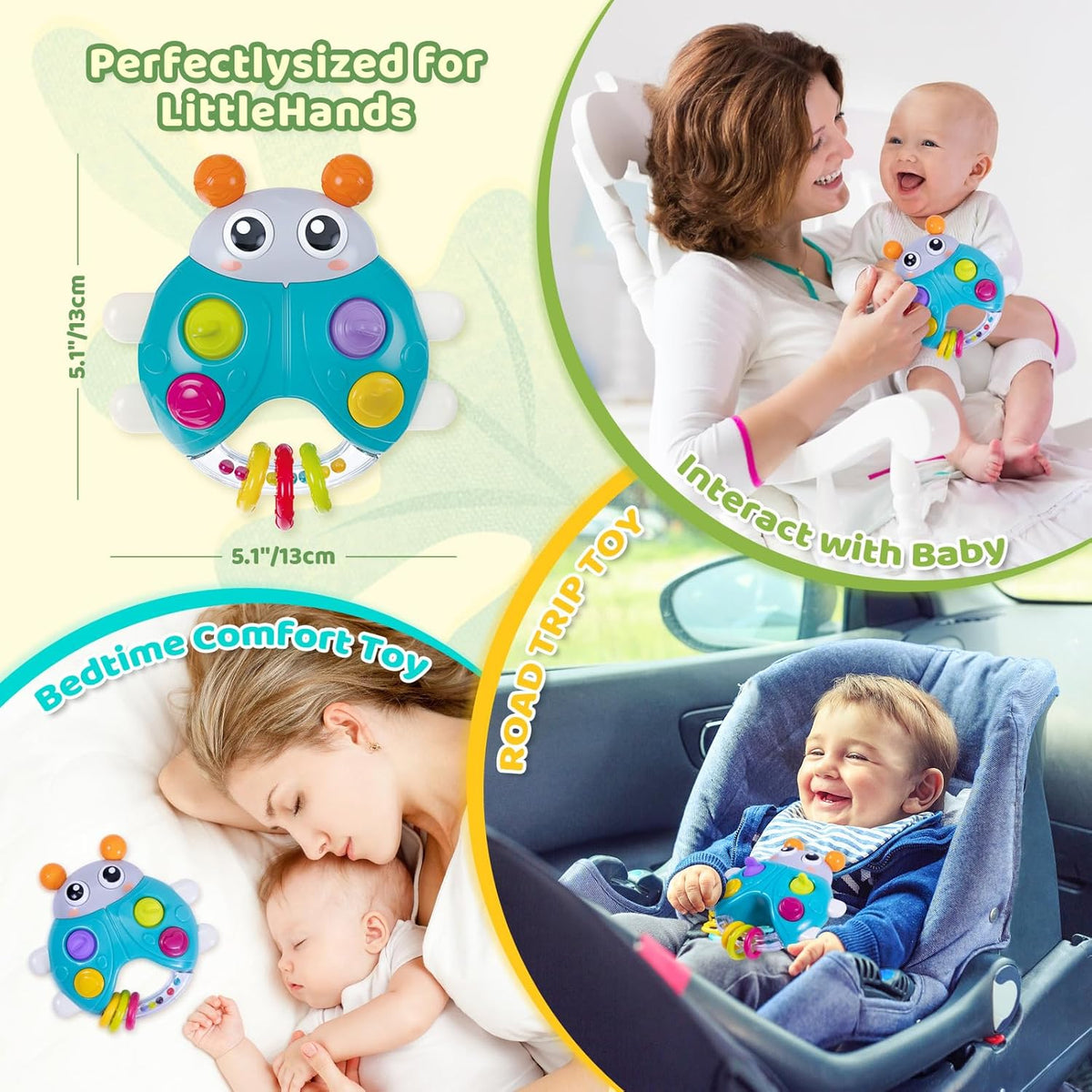 Ladybug Baby Light Up Toys with Rattle Led Light Music, Interactive Educational Fine Motor