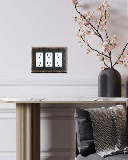 2-Pack Triple Decorator Outlet Cover Plate, Aged Bronze Pearls Decorative Switch Plates and Outlet