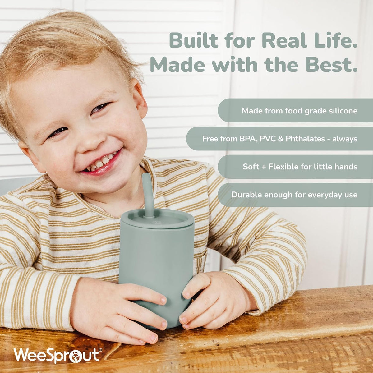 WeeSprout Silicone Baby Cups With Straws and Lids, 4 & 8 oz Options, Set of 2, Food Grade Toddler