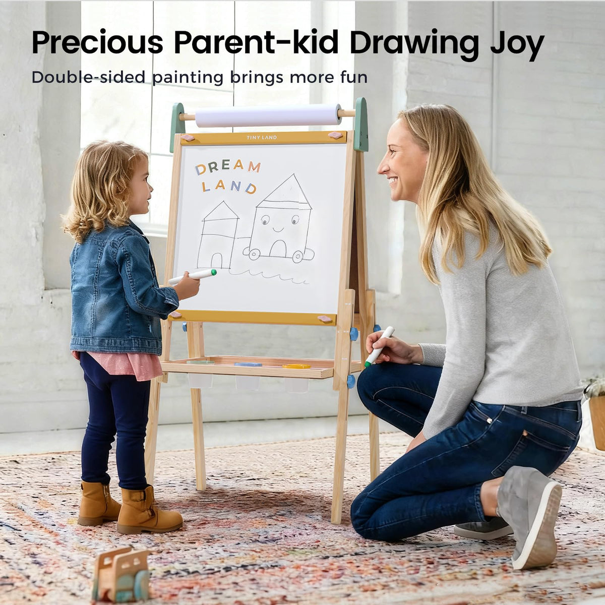 Tiny Land Wooden Easel for Kids, Art Easel with Chalkboard & Whiteboard