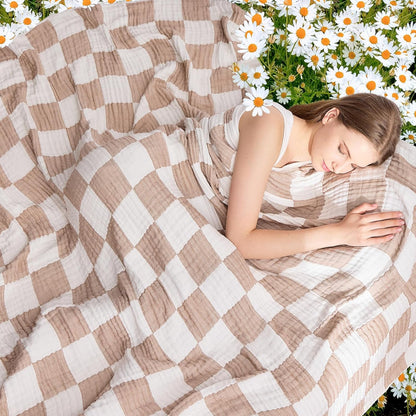 EMME Checkered Cotton Blanket Queen Size for Bed Soft Large Muslin Bed Blankets 80"x90" Lightweight