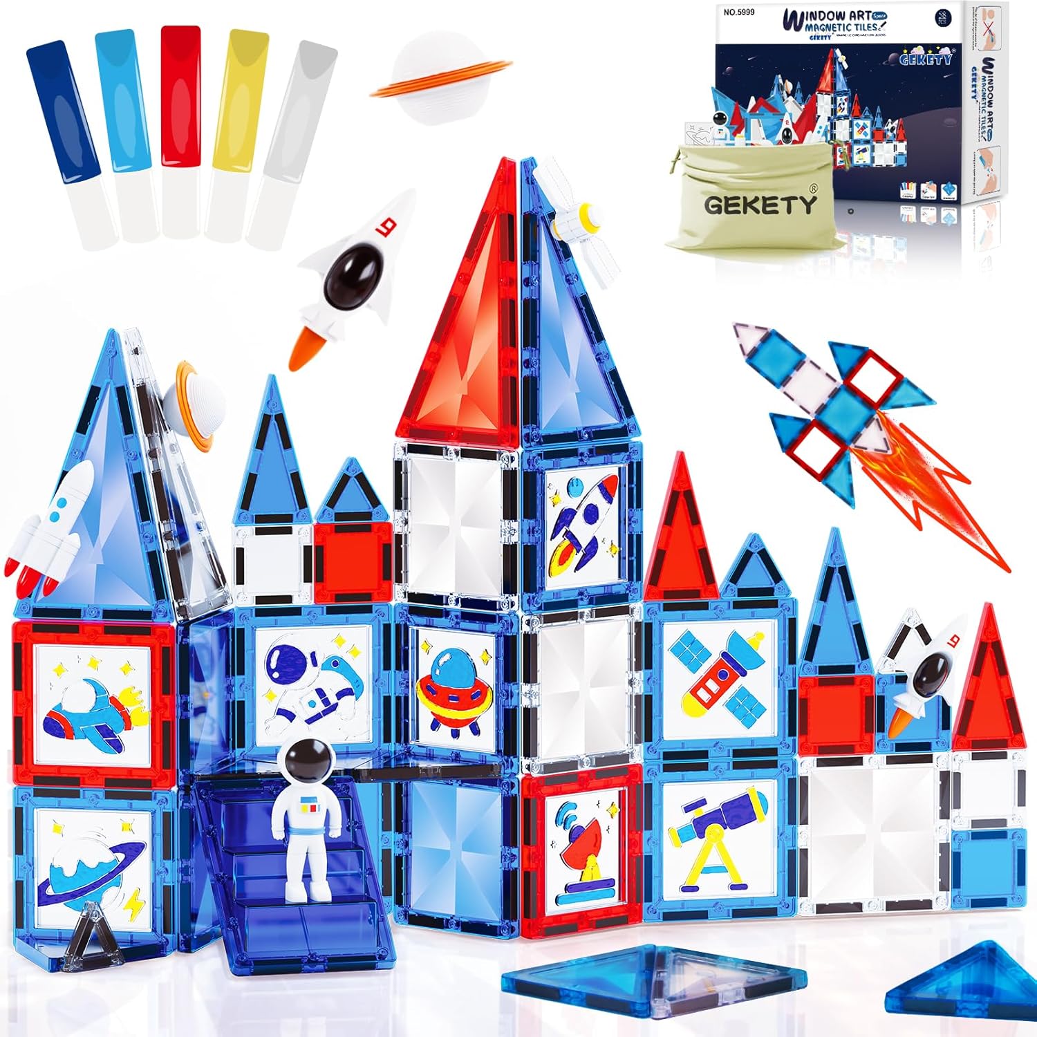 Magnetic Tiles - 58 Pcs Space Magnets Building Blocks Set - Sensory Travel Toys for Toddler - STEM