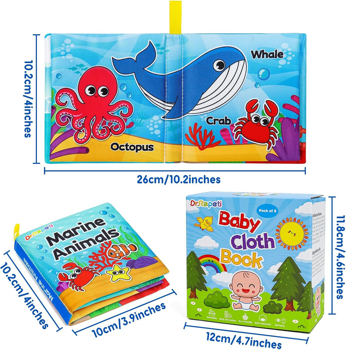 Dr.Rapeti Soft Cloth Books Baby Books Bath Books 8-Pack for Baby Infant Toddler Kid Crinkle