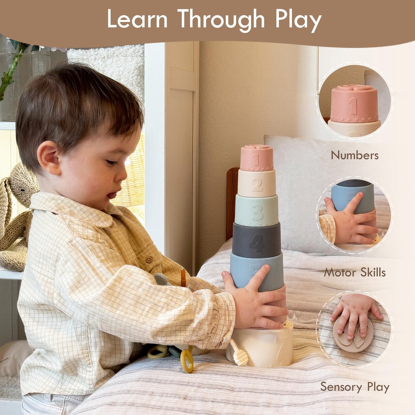 Moonkie Stacking Cups Toy, Fun Educational Baby Toys Silicone Soft Teething Toy, Age 6+ Months, 7