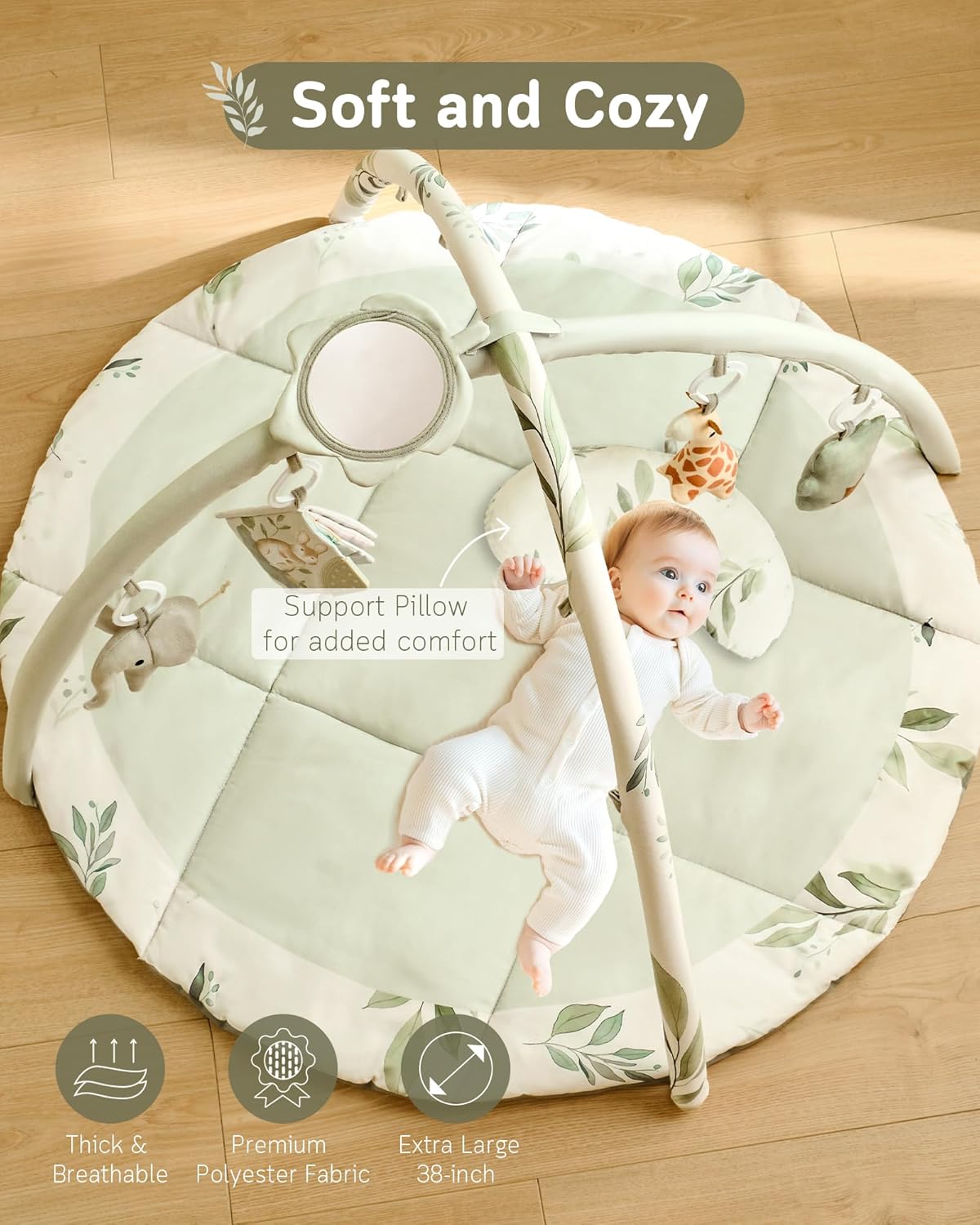 Fortella Baby Play Gym & Activity Mat, Tummy Time Mat w 5 Detachable Toys and Pillow, Large Sensory