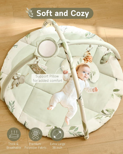 Fortella Baby Play Gym & Activity Mat, Tummy Time Mat w 5 Detachable Toys and Pillow, Large Sensory