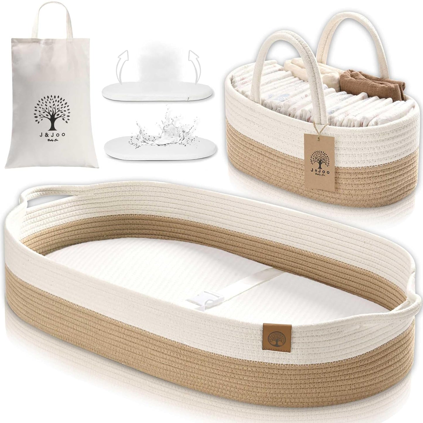 J&JOO Baby Changing Basket includes Diaper Caddy - Breathable & Waterproof Dual-Cover, Portable
