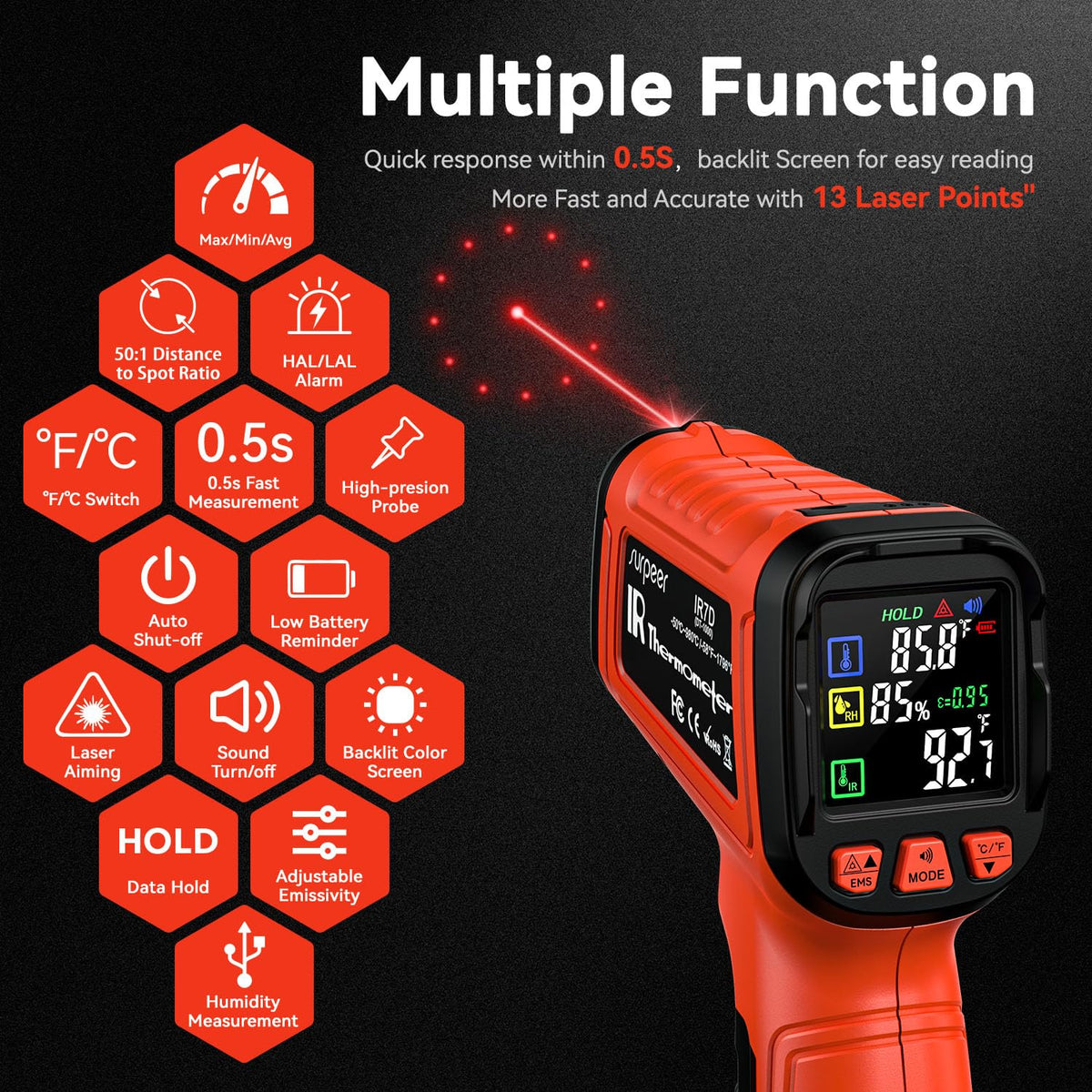 -58°F to 2732°F Infrared Thermometer Temperature Gun with Thermocouple Probe, 50:1 Laser