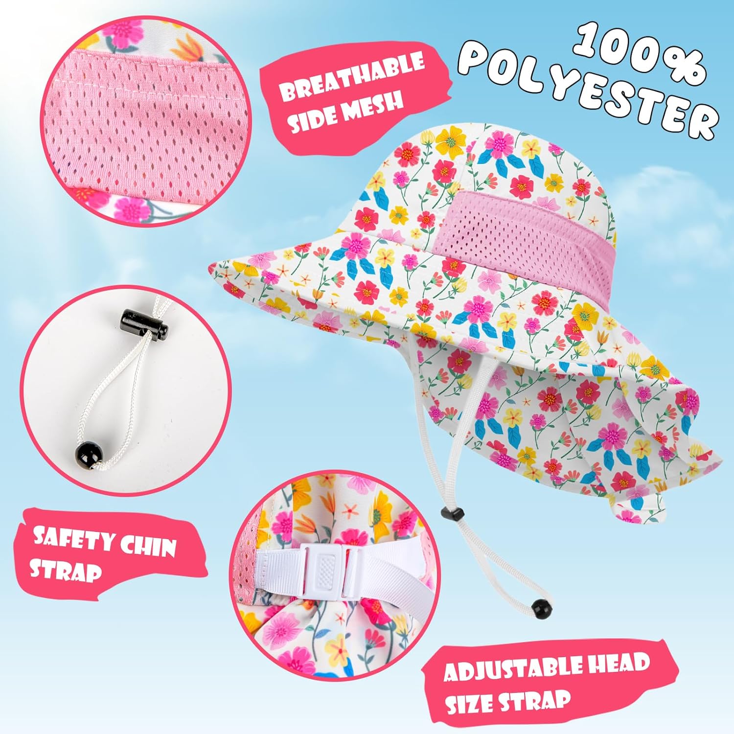 Toddler Baby Sun Hat Kids Summer UPF 50+ for Boys Girls Adjustable Beach Hats with Bucket Wide Brim