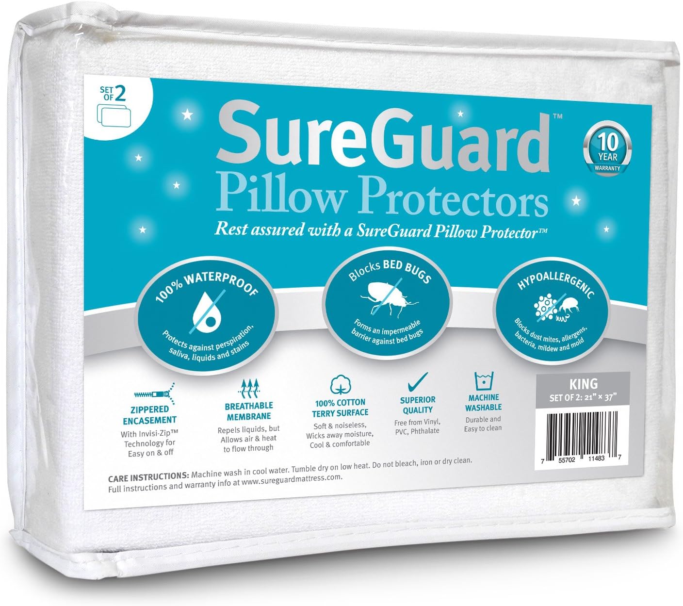 Set of 2 King Size SureGuard Pillow Protectors - 100% Waterproof, Bed Bug Proof, Hypoallergenic