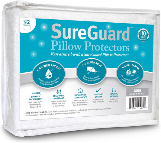 Set of 2 King Size SureGuard Pillow Protectors - 100% Waterproof, Bed Bug Proof, Hypoallergenic