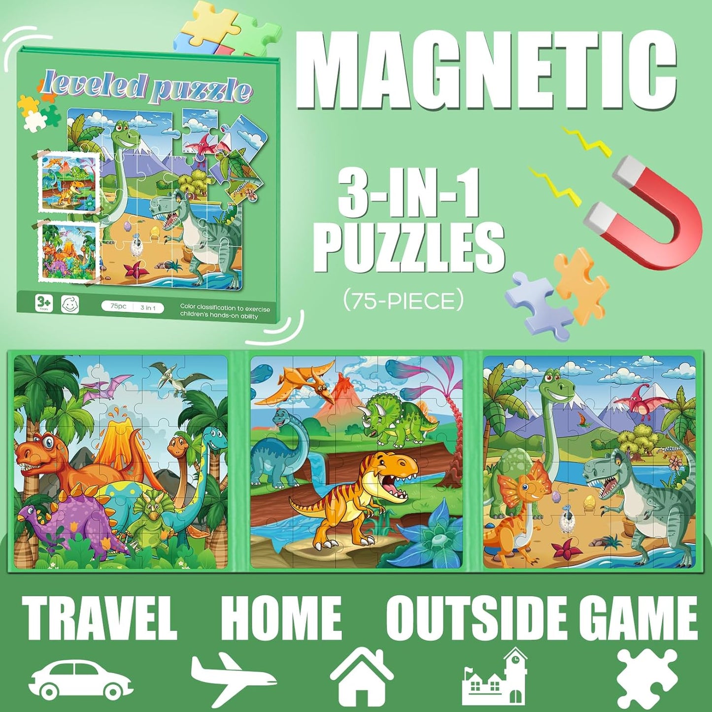 Magnetic Puzzles for Toddlers 3-5 , 75-Pieces Travel Toys , Dinosaur Puzzles Ages 4-6, Educational