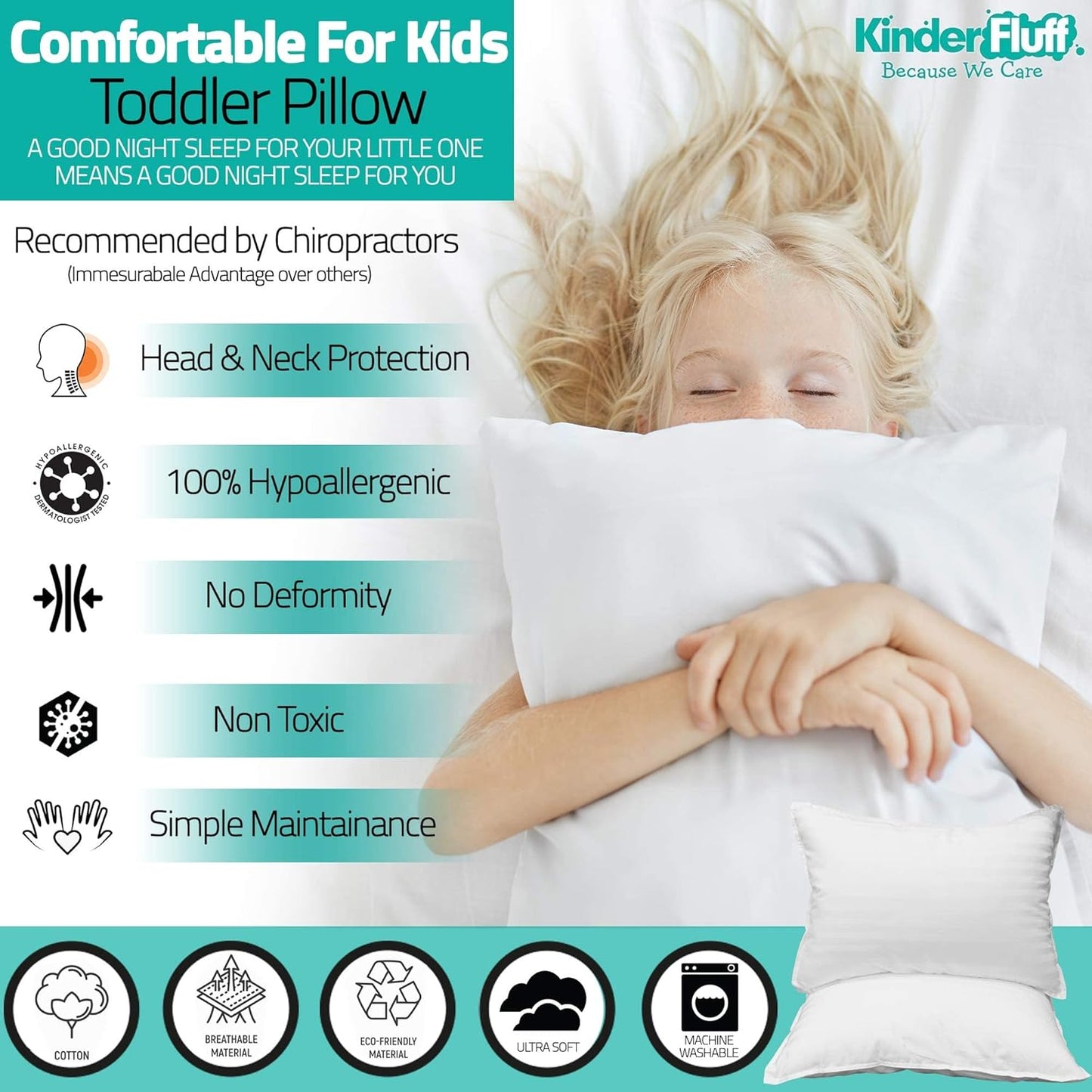 kinder Fluff Toddler Pillows (2pk) - The only Pillow for Kids 300T Cotton Shell & Down Alternative
