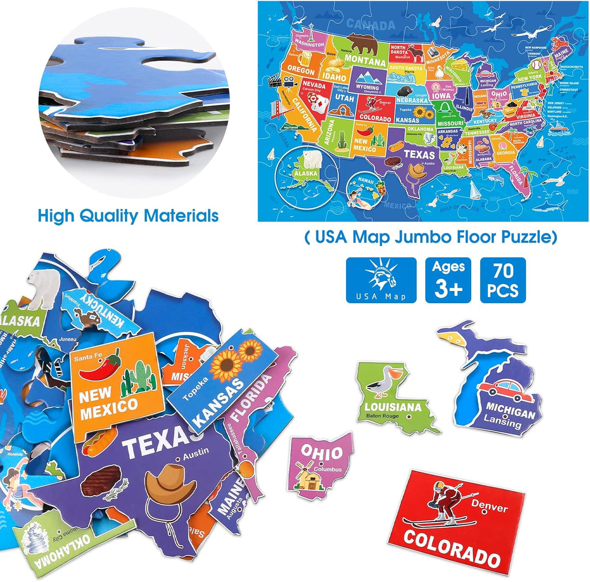 Jumbo Floor Puzzle for Kids,USA Map Puzzle Jigsaw Geography Puzzles,70 Piece US Map 50 States with