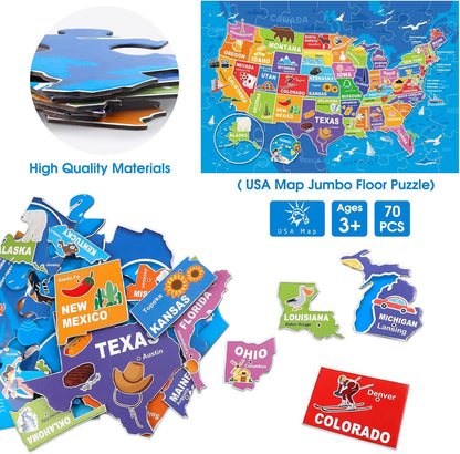 Jumbo Floor Puzzle for Kids,USA Map Puzzle Jigsaw Geography Puzzles,70 Piece US Map 50 States with