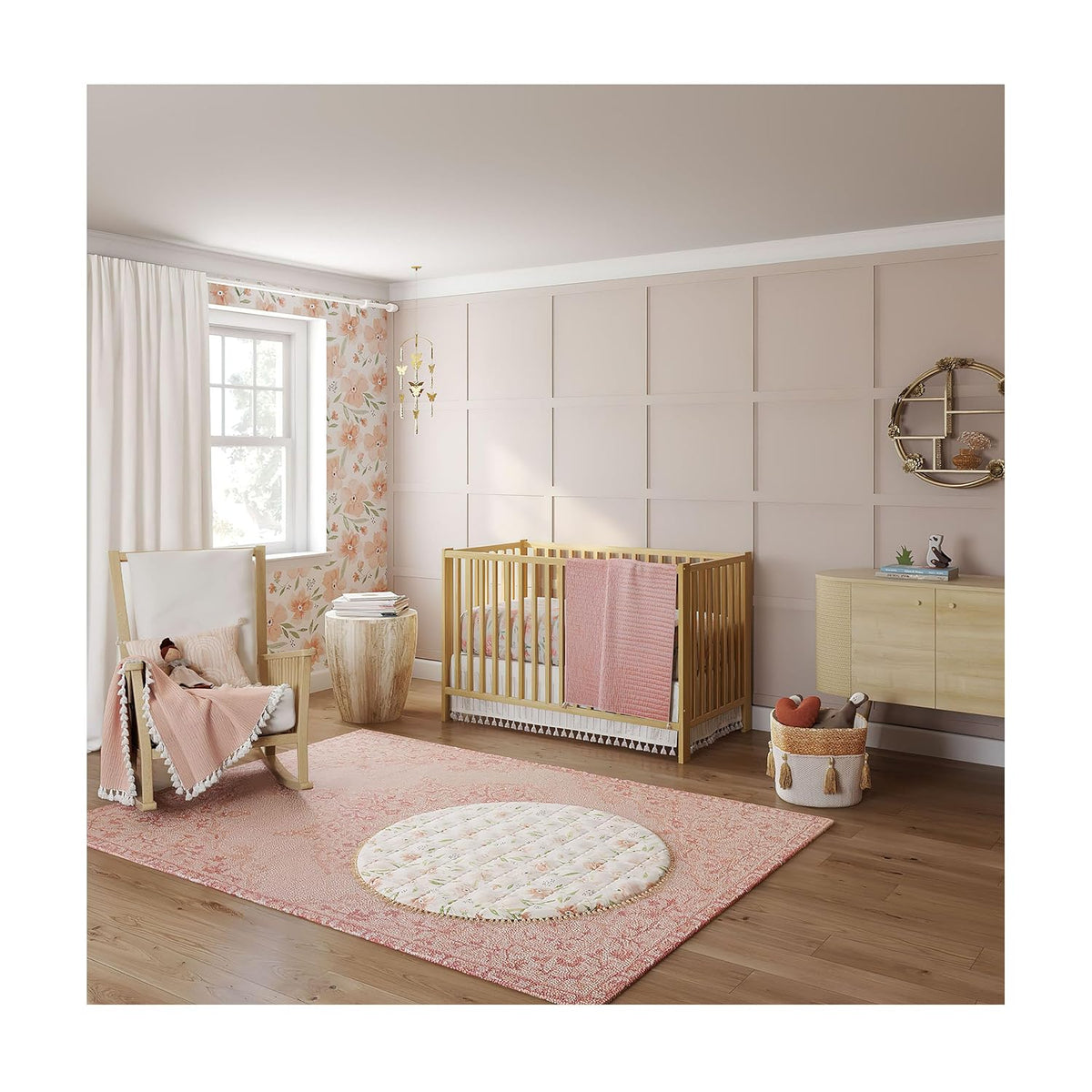 Crane Baby Padded Floor Mat, Pink Floral Nursery Decor, Activity Mat, 40" x 40", Baby Tummy Time