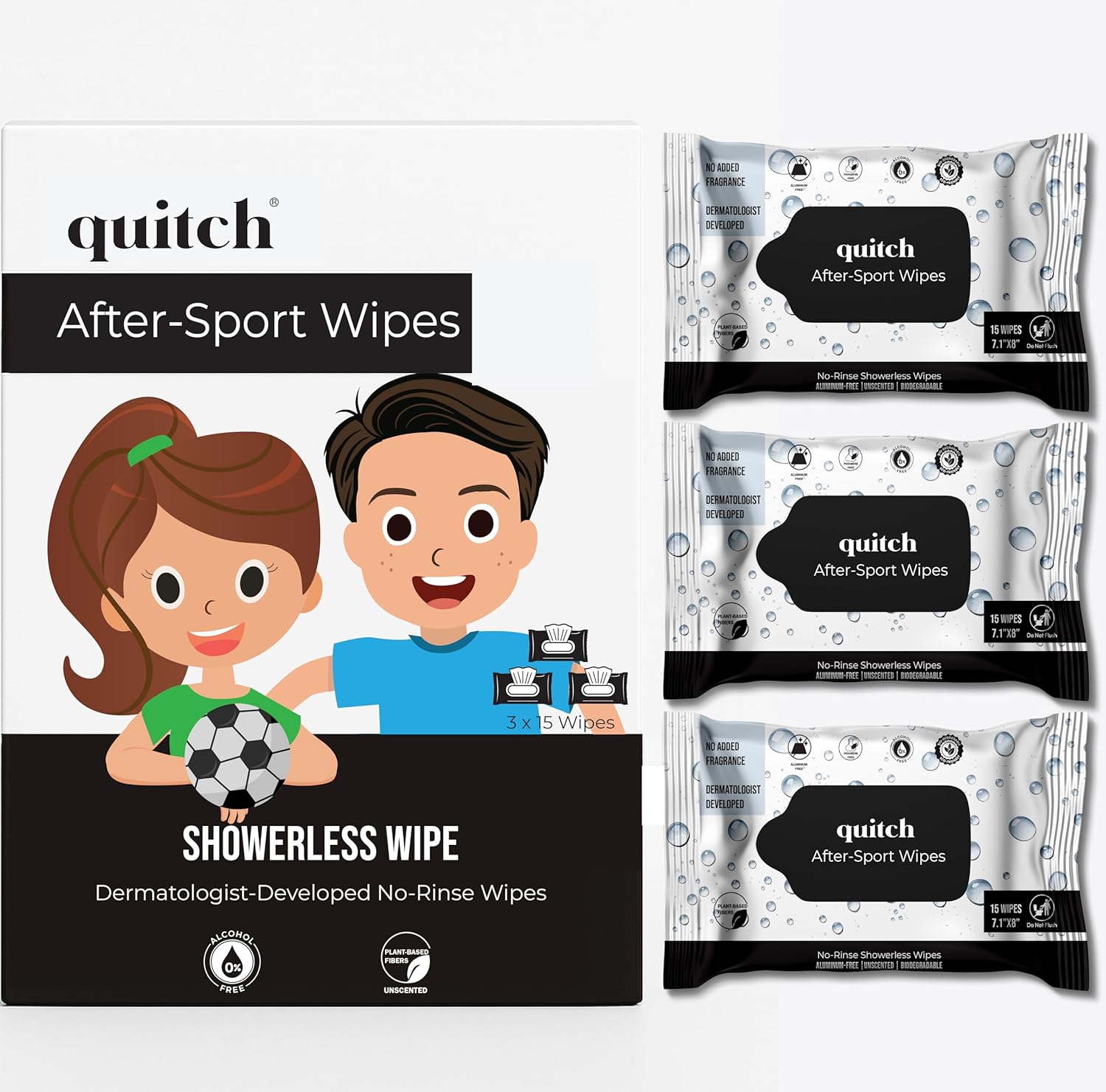 Quitch After-Sport Wipe Unscented Shower-Free Cloth for Kids & Baby, Rinse-Free Body-Wipe