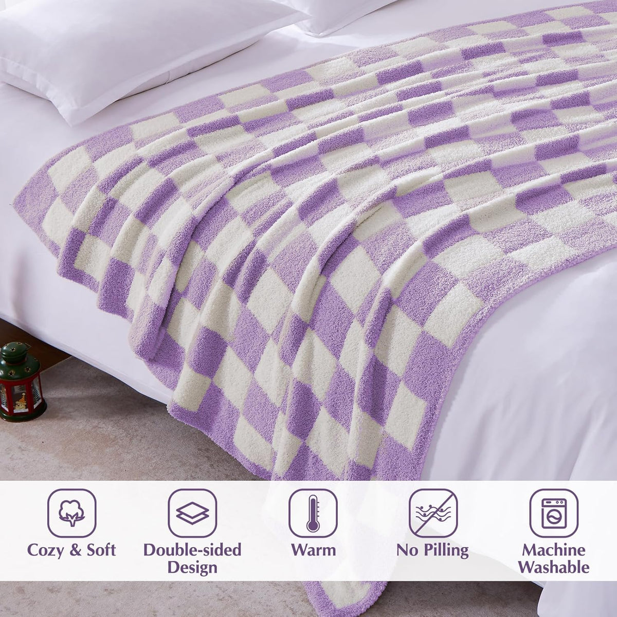 WRENSONGE Checkered Throw Blanket, Purple Soft Cozy Fluffy Warm Hand Made Throw Blankets for Couch