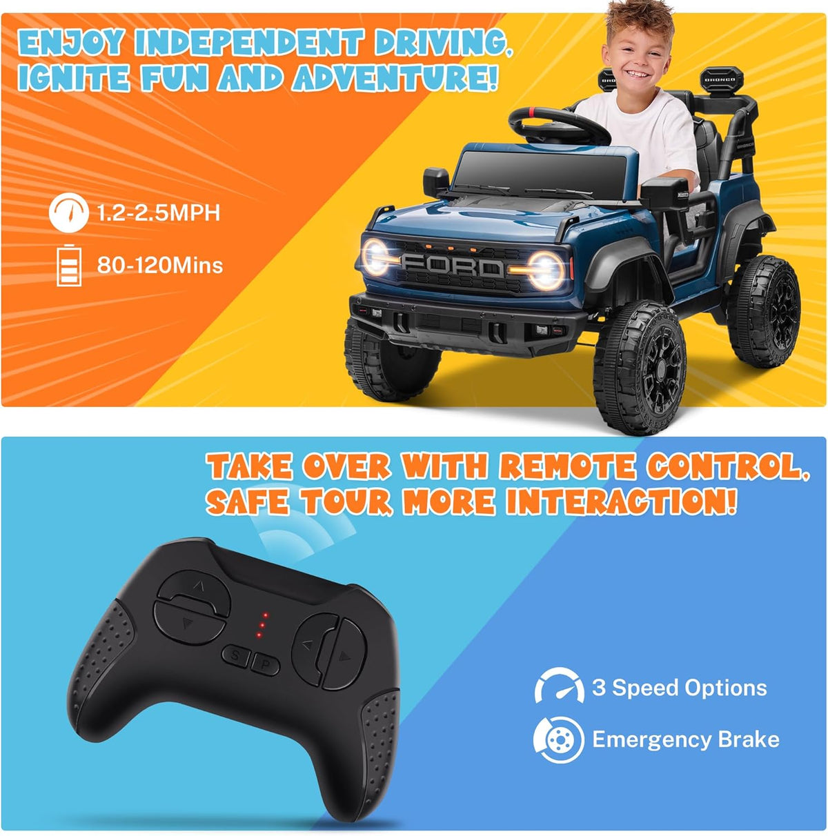 ENYOPRO Licensed Ford Bronco Raptor Electric Ride On Jeep for Kids, 12V Remote Control Ride On Car