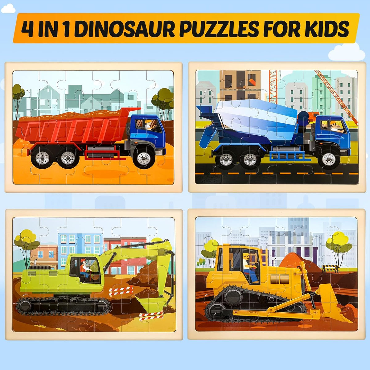 Wooden Vehicle Puzzles for Kids Age 3 4 5 Year Old, 4 Pack 24 Pcs Montessori Toddler Jigsaw Puzzles