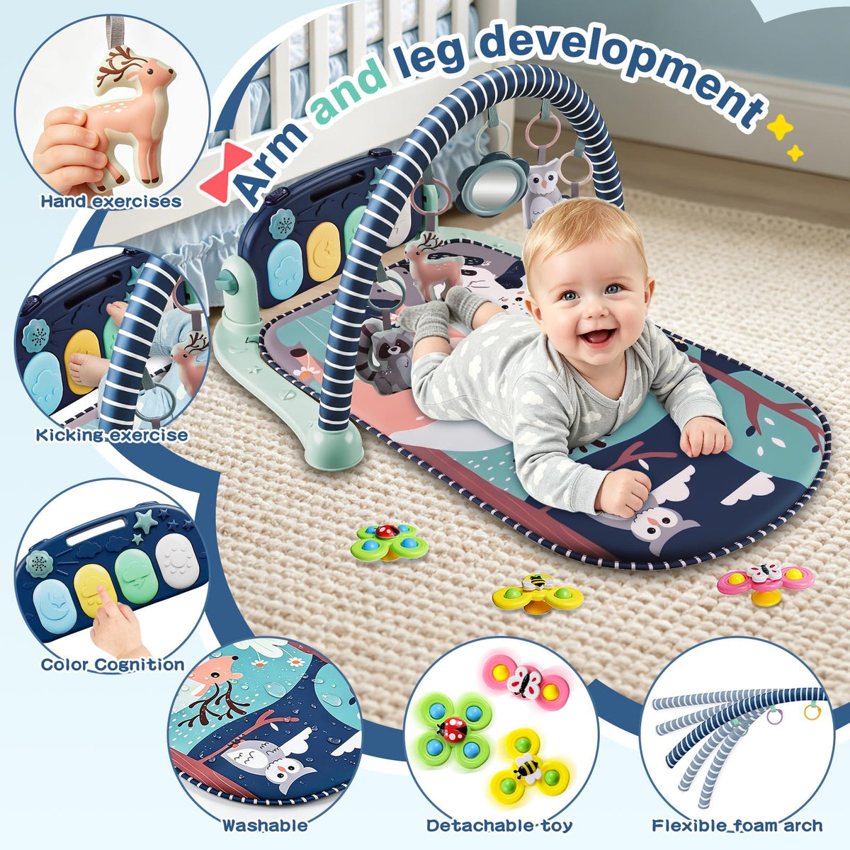 Joryuek Baby Play Mat, Tummy Time Mat with Piano Music and Lights, Baby Activity Play Gym with