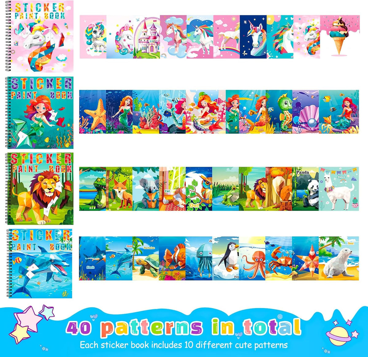 homicozy 4PCS Sticker Paint Books for Kids Ages 4-10,Unicorn Mermaid Animals Designs Paint by
