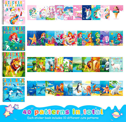 homicozy 4PCS Sticker Paint Books for Kids Ages 4-10,Unicorn Mermaid Animals Designs Paint by