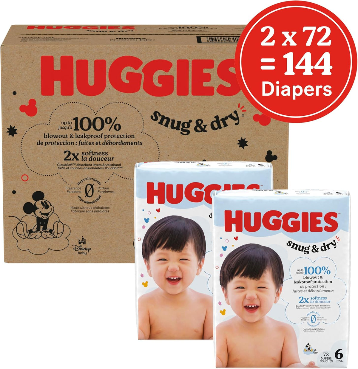Huggies Size 6 Diapers, Snug & Dry Baby Diapers, Size 6 (35+ lbs), 144 Count (2 Packs of 72)