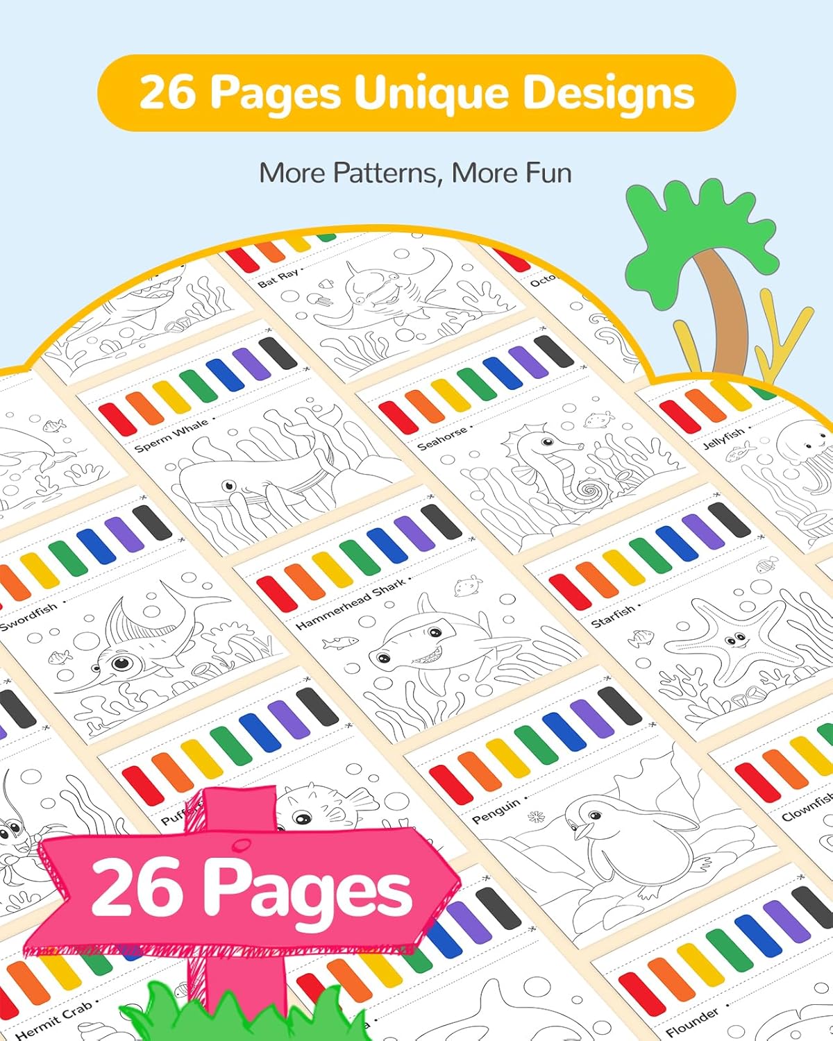 TECJOE Paint with Water Coloring Books for Toddlers, Marine Animal Series Watercolor Set with 3
