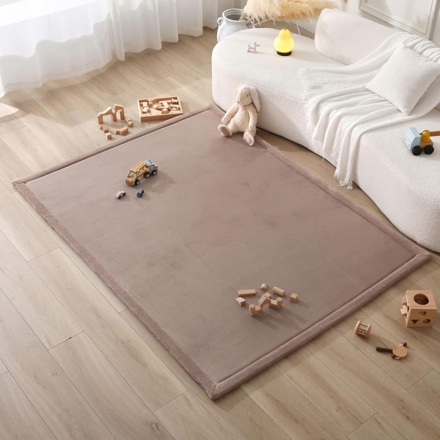 Stylish Coral Velvet Baby Play Mat for Floor 60" x 80" Brown – Soft 1" Thick High-Density Memory