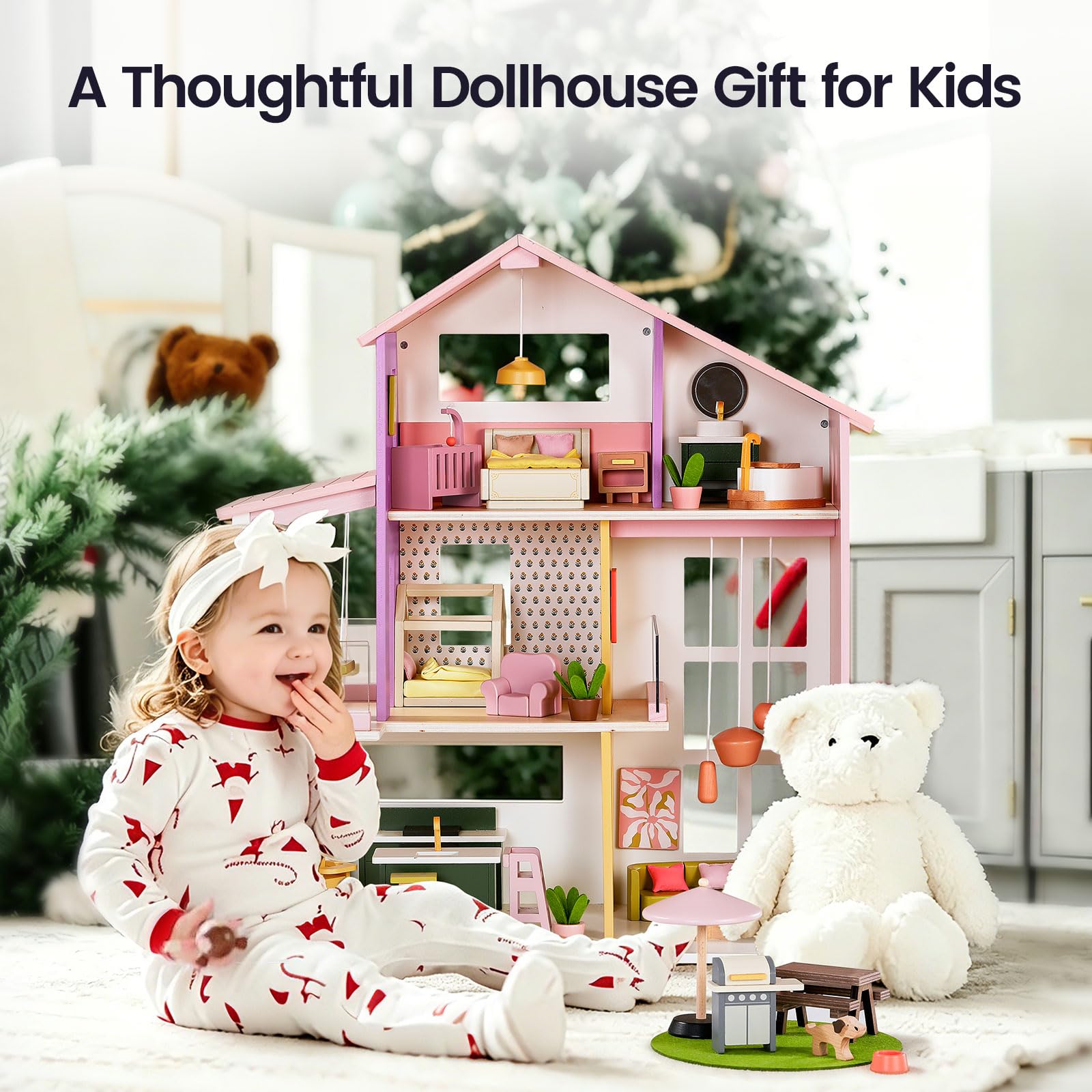 Tiny Land Wooden Doll House, Modern Family Dollhouse with Realistic Design