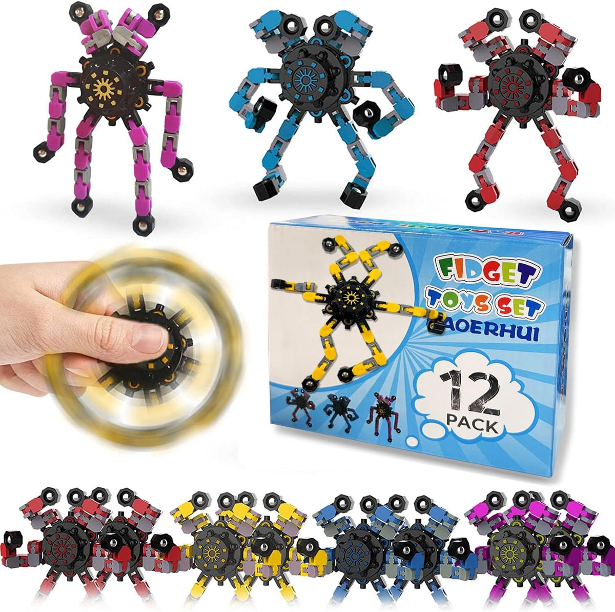 12 Pack Funny Sensory Fidget Toys,Deformable Chain DIY Robot Spinners Fingertip Stress Relief Gyro
