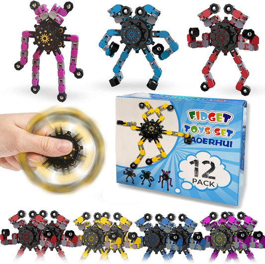 12 Pack Funny Sensory Fidget Toys,Deformable Chain DIY Robot Spinners Fingertip Stress Relief Gyro