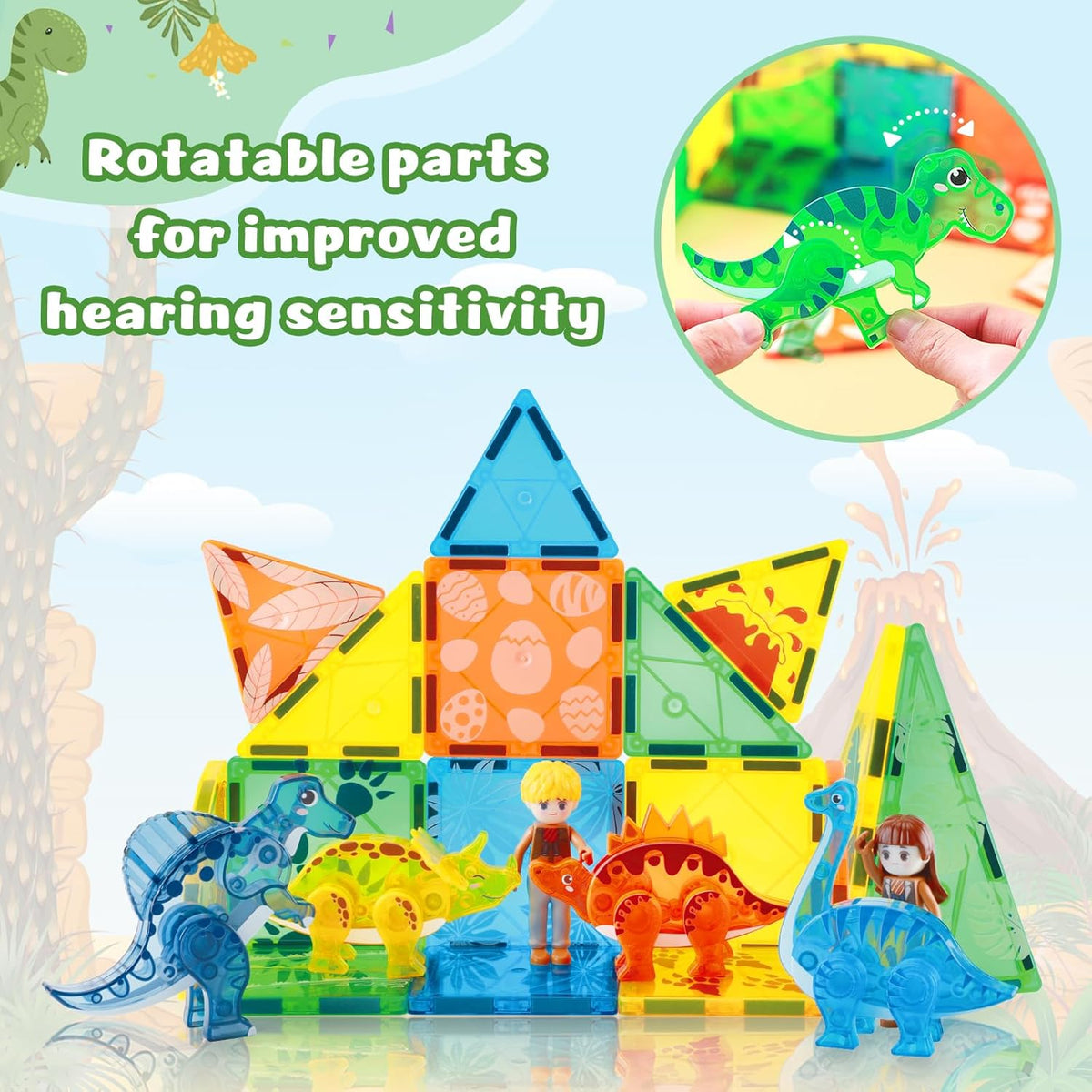 Dinosaur Magnetic Tiles,Animals Magnet Building Blocks Toys Dino World,3D STEM Educational Magnet