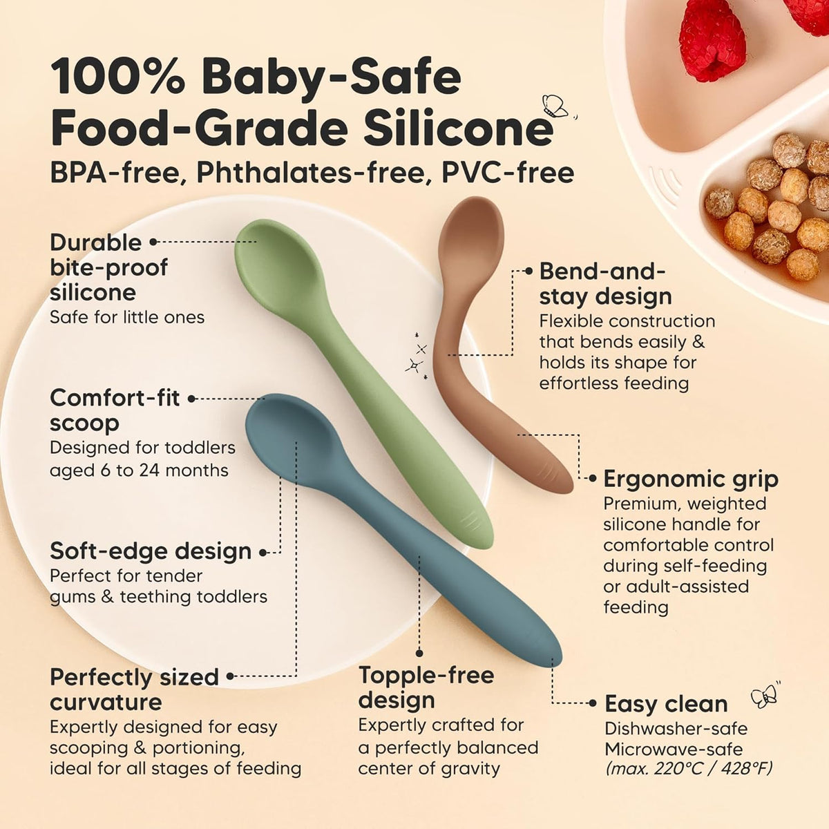 KeaBabies Silicone Baby Spoons, Self Feeding 6-12 months - 3-Pack Baby Weaning Eating Utensils