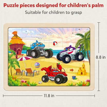 SYNARRY Large Wooden Monster Truck Puzzles for Kids Gift Box(12.2*9.4 in) - FSC Certified, 24 Piece