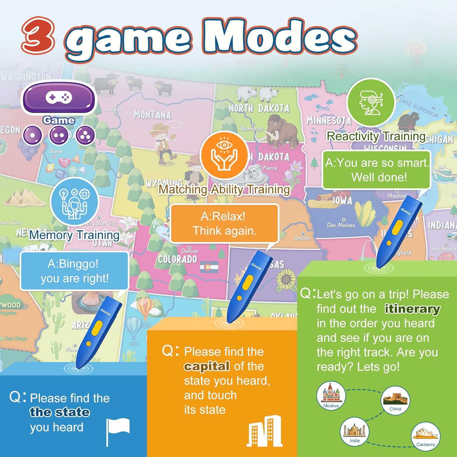 Bilingual Interactive for Kids Talking USA Map for Kids Learning, Geography Toys Games Educational