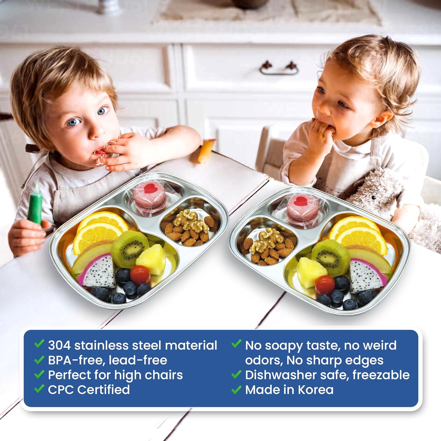 Korean Stainless Steel Divided Plates, Kids Toddlers Babies Tray, BPA Free, Diet Food Control