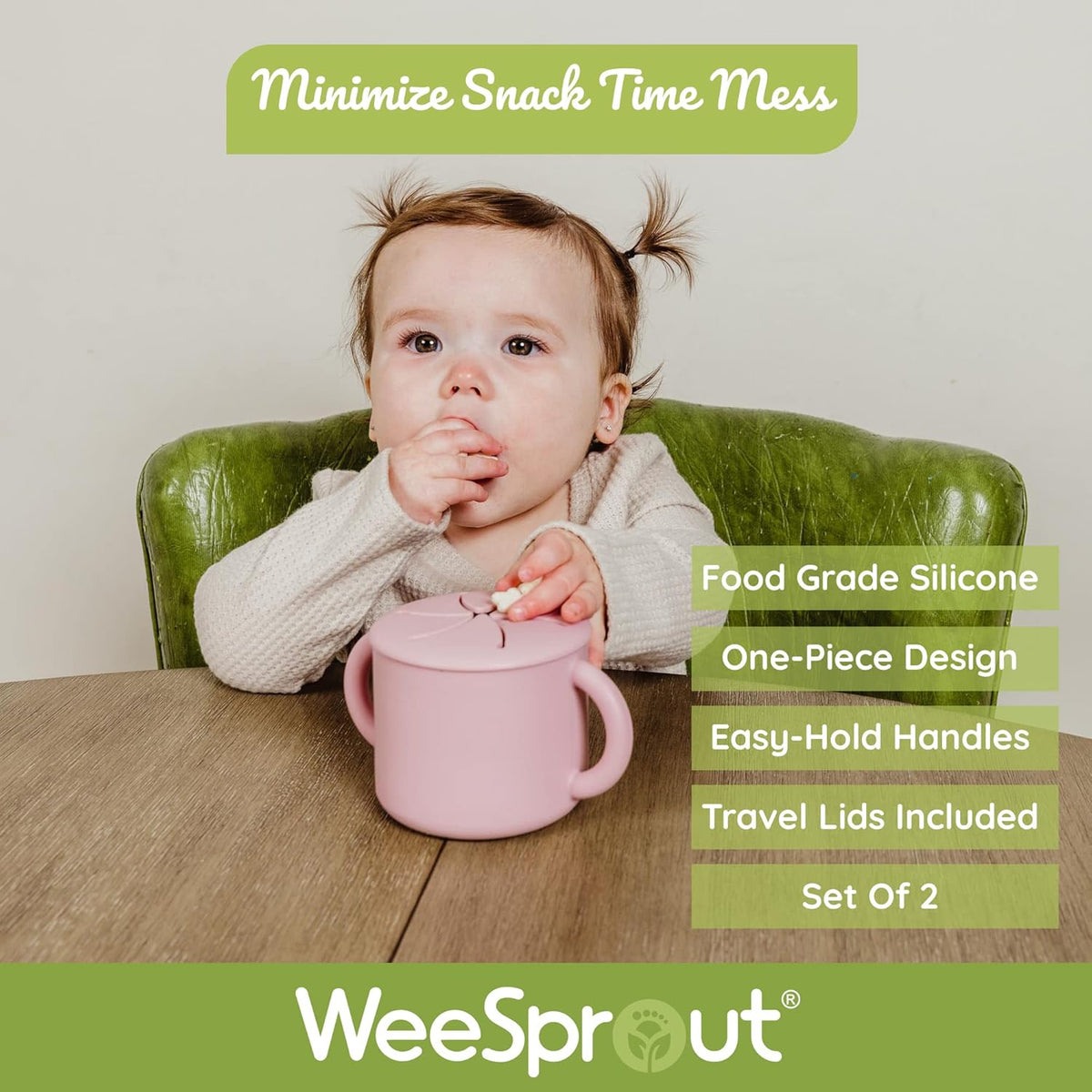 WeeSprout Snack Containers, Food Grade Silicone Cups, Spill-Proof Tops For Toddlers and Babies