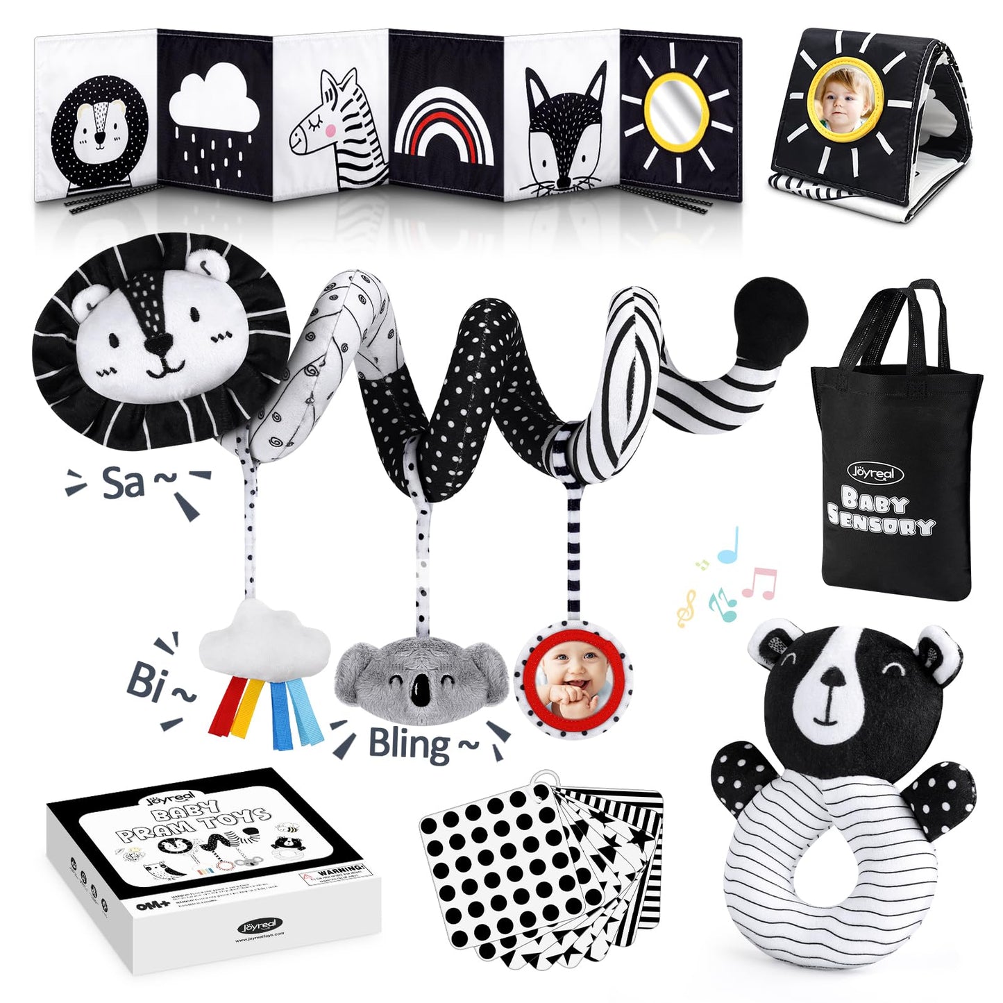 Joyreal High Contrast Baby Toys for Newborn, Black and White Baby Sensory Toys with Car Seat