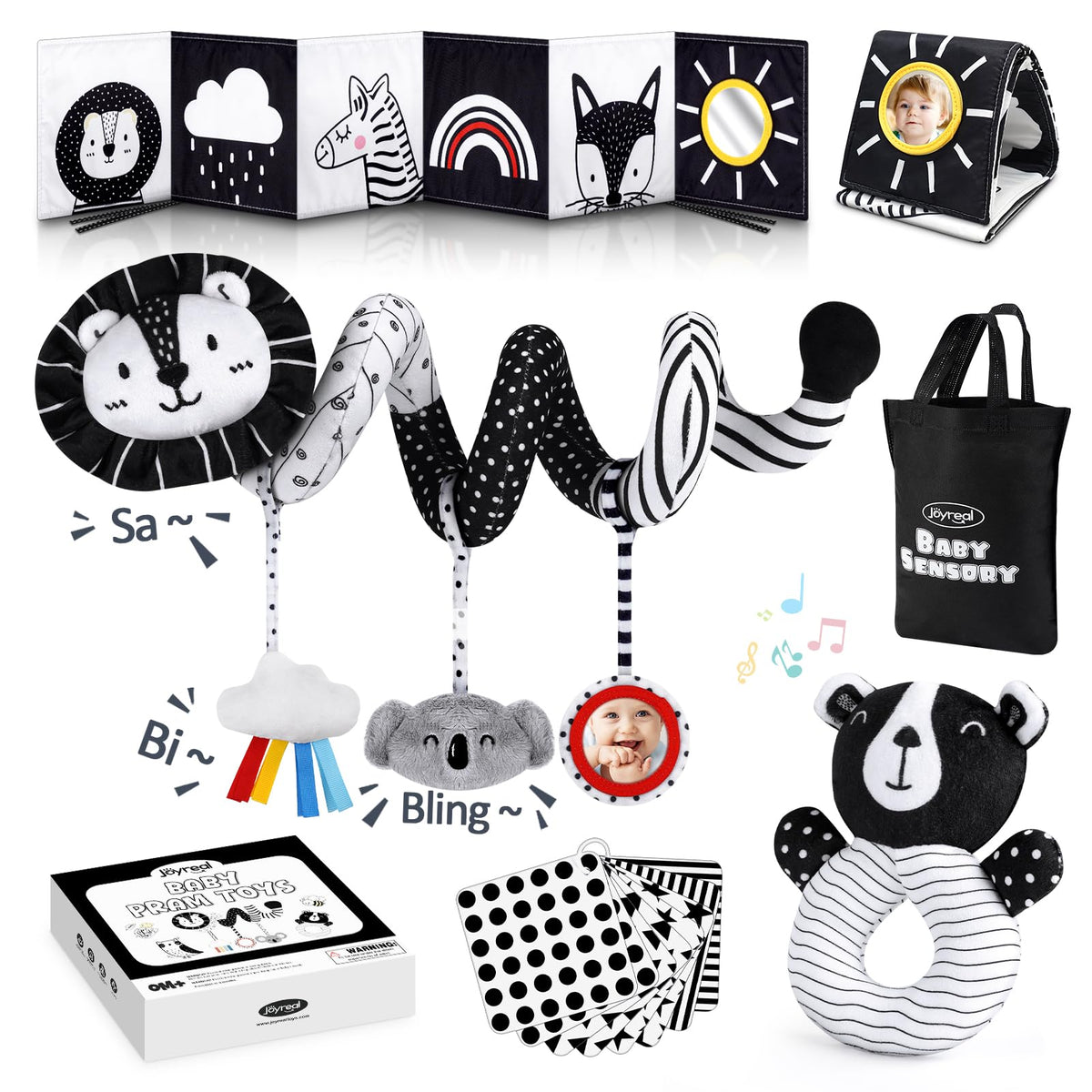 Joyreal High Contrast Baby Toys for Newborn, Black and White Baby Sensory Toys with Car Seat