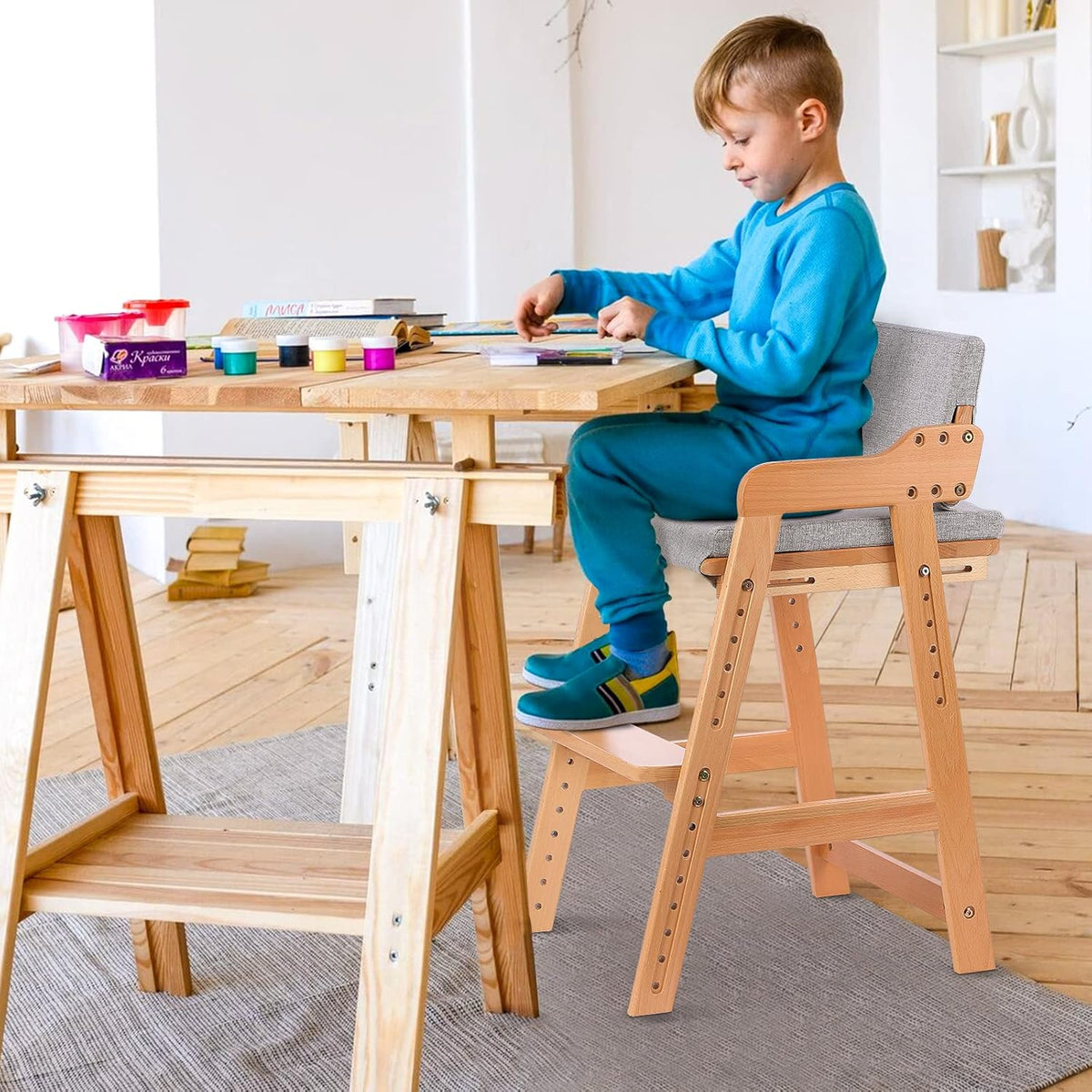 Ezebaby Wooden High Chair, Adjustable Highchair for Toddlers to Teens with Steps, Kids Dining