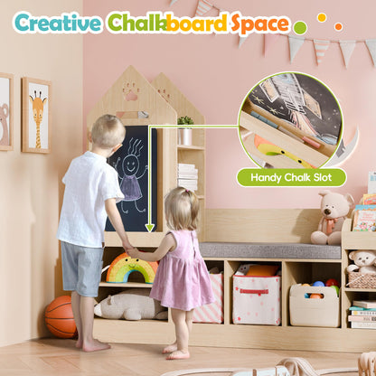 MU Kids Bookshelf with Reading Nook, Wooden Toy Storage Organizer with Chalkboard and Bench, Kids